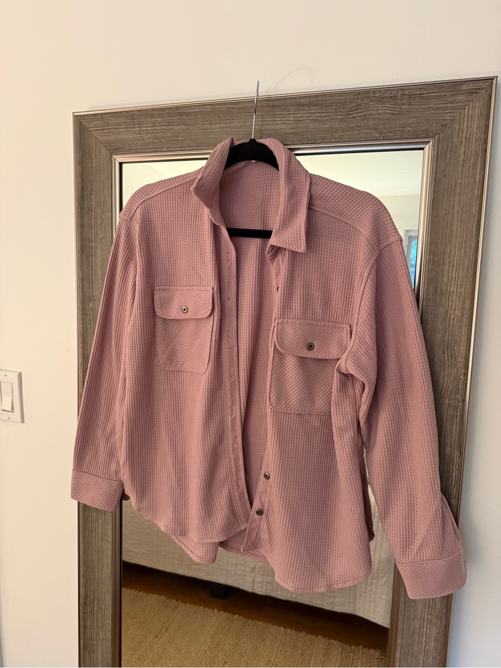 Womens Dusty Rose Overshirt Jacket Shacket - Casual Waffle Knit